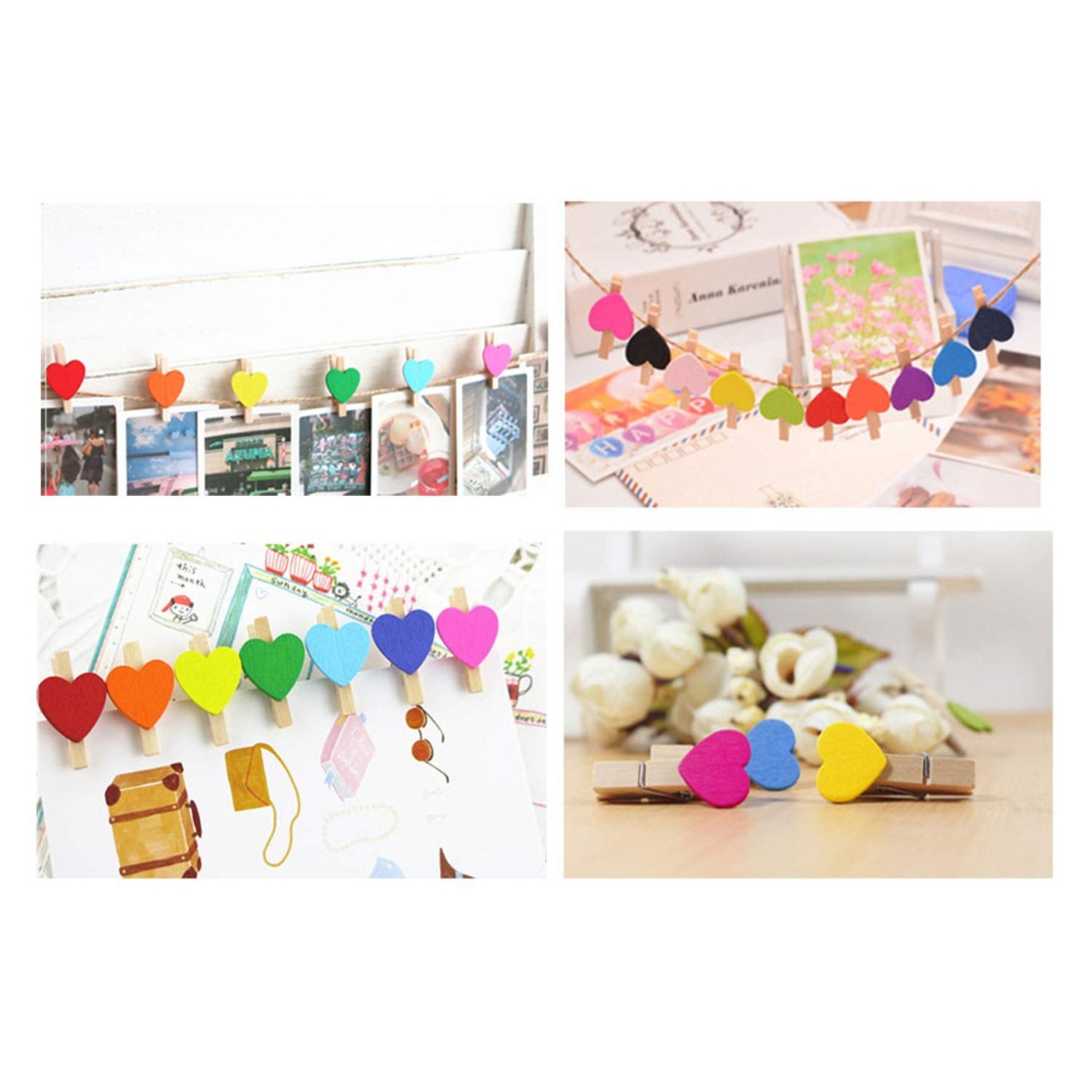 RuiLing Photo Craft Decoration Clips Set – 50pcs Colorful Mini Heart Love Wooden Clothespin + 10pcs Thumbtack + 1 Roll Hemp Rope | The Storepaperoomates Retail Market - Fast Affordable Shopping