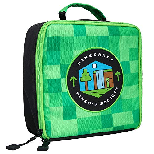 JINX Minecraft Miner’s Society Insulated Kids School Lunch Box, Green, 8.5″ x 8.5″ x 4″