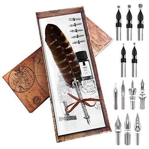 Trustela Feather Quill Pen Set – Calligraphy Dip Pen Set Includes Big Feather Pen With 18 Calligraphy Nibs And Pen Holder In A Gift Box For Writing And Antique Desk Decor (NaturalFeather)