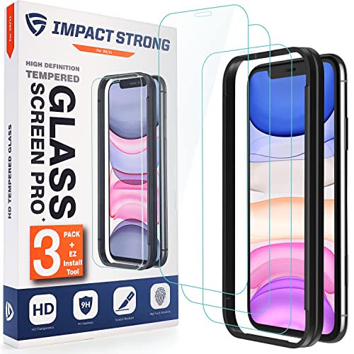 ImpactStrong Shatterproof Tempered Glass Screen Protector for iPhone 11 / iPhone XR [Easy Installation Frame] [Bubble Free] [9H Hardness] [Full Coverage] Case Friendly, 6.1 Inch – (3-Pack)