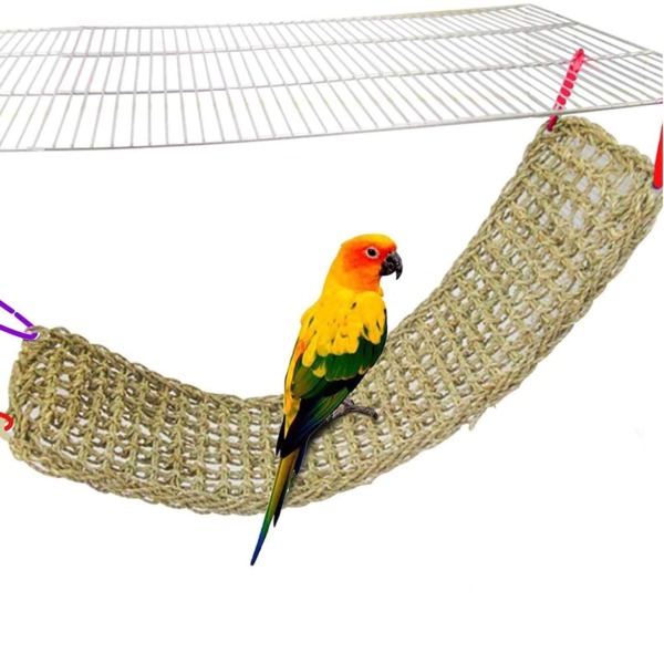 Bird Seagrass Mat,Natural Grass Woven Net Hammock Hanging on Parrot Cage with 4 Hooks,Parakeet Climbing Rope Ladder Chew Toys for Lovebird Cockatiel Conure Budgie,Cockatoo Supplies 28.3″ x 6.7″