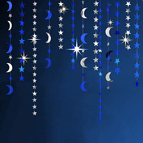 Decor365 Royal Blue Silver Stars and Moon Garlands Kit Twinkle Little Star Garand/Hanging Streamers/Bunting Banner for Birthday Party Decoration/Wedding Decor/Baby Shower/Christmas/Nursery/Ramadan