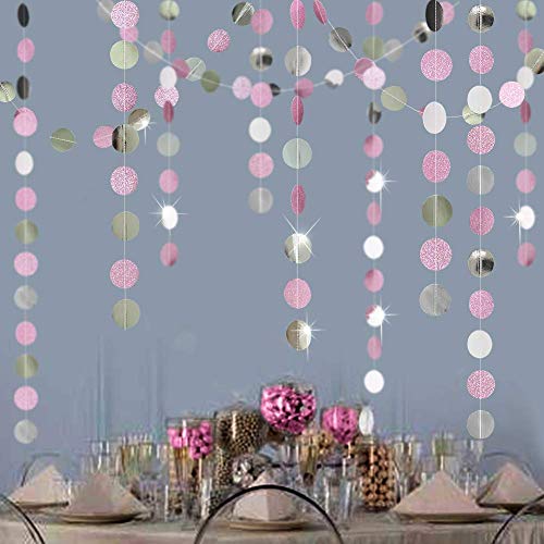 Glitter Silver Pink Circle Dot Garlands Party Decoratoins Polka Dots Streamer/Backdrop/Banner for Girls Birthday/Bday Party Hanging Decor/Bridal Baby Shower/Wedding/Anniversary/Engagement/Sweet 16
