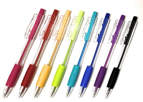 Clip-Clicks Rainbow Comfort Grip, Colored Ink, Ball Point Pens (8 pack) in 8 colors (Pink, Red, Yellow, Green, Teal, Blue, Purple and Black)