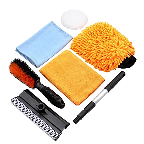 SCRUBIT Car Wash Kit – 6 Cleaning Tools Includes Windshield Squeegee, Wheel Brush, Microfiber mitt, Cleaning Towels and Wax Applicator Pad – Premium Car Care Set for Exterior and Interior Detailing