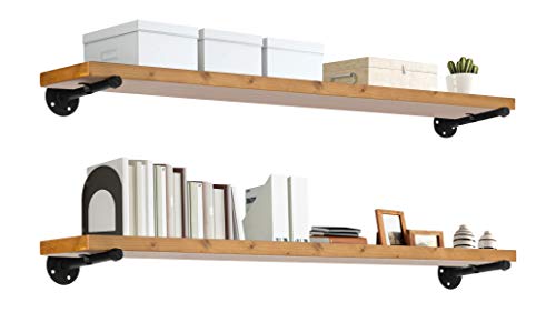 TEN49 Industrial Wood Shelf – 48″ Special Walnut Rustic Wooden Wall Shelves with Iron Pipes – Contemporary Interior Decor Floating Shelving with Pipe Brackets – Farmhouse Style Bookshelf Set of 2