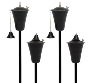 Kona Outdoor Premium Metal Torches for Outdoor – 32oz Tiki Style Oil Lamp with Snuffer, Fiberglass Wick and 54? Metal Pole – Easy Set Up for Deck, Patio, Lawn, Garden, Luau, 4 Pack (Hammered Black)