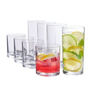 US Acrylic Classic 8 piece Premium Quality Plastic Tumblers in Clear | 4 each: 12 ounce Rocks and 16 ounce Water Drinking Cups | Reusable, BPA-free, Made in the USA, Top-rack Dishwasher Safe