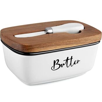 The Storepaperoomates Retail Market Farmhouse Butter Dish with Lid and Knife for Countertop, Airtight Butter Keeper for Counter or Fridge, Ceramic Butter Container with Thick Acacia Wood Lid, for Kitchen Decor and Accessories, White - Fast Affordable Shopping