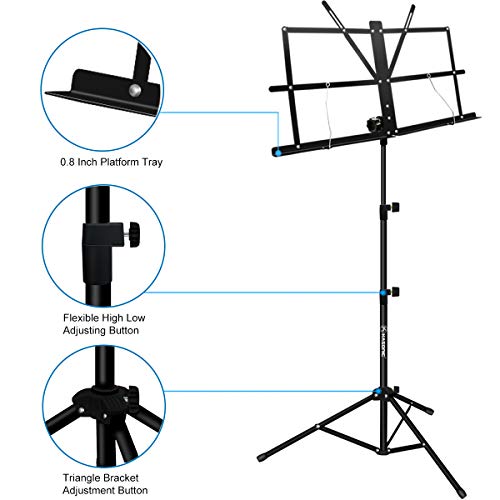 Music Stand, Kasonic 2 in 1 Dual-Use Folding Sheet Music Stand & Desktop Book Stand, Portable and Lightweight with Music Sheet Clip Holder & Carrying Bag Suitable for Instrumental Performance (Black) | The Storepaperoomates Retail Market - Fast Affordable Shopping