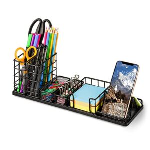 Pen Holder for Desk, Desk Organizer with Pen Holder, DIY Desktop Organization with Phone Holder, Sticky Note Tray, Paperclip Storage and Office Accessories Caddy for Office Home School, Black