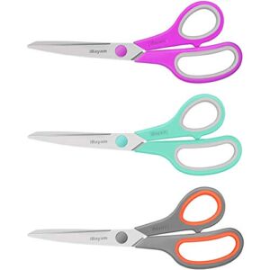Scissors, iBayam 8″ Multipurpose Scissors Bulk Ultra Sharp Shears, Comfort-Grip Sturdy Scissors for Office Home School Sewing Fabric Craft Supplies, Right/Left Handed, 3-Pack, Mint, Grey, Purple