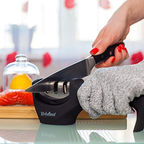 The Storepaperoomates Retail Market 4-in-1 Kitchen Knife Accessories: 3-Stage Knife Sharpener Helps Repair, Restore, Polish Blades and Cut-Resistant Glove (Black) - Fast Affordable Shopping