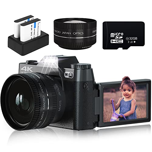 The Storepaperoomates Retail Market Digital Cameras for Photography, 4K 48MP Vlogging Camera for YouTube with WiFi, Manual Focus, 16X Digital Zoom, 52mm Wide Angle Lens & Macro Lens, 32GB TF Card and 2 Batteries - Fast Affordable Shopping