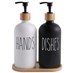 MOMEEMO Glass Soap Dispenser Set, Contains Glass Hand Soap Dispenser and Glass Dish Soap Dispenser. Kitchen Soap Dispenser Set Suitable for Black and White Kitchen Decor. (Black & White)