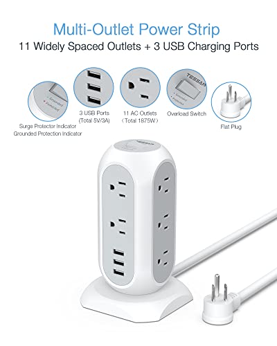 The Storepaperoomates Retail Market Tower Power Strip with 11 Outlets 3 USB Chargers, TESSAN Surge Protector Tower 1875W/15A, 6 Feet Extension Cord with Multiple Outlets, Flat Plug, Office Supplies, Desk Accessories, Dorm Essentials - Fast Affordable Shopping
