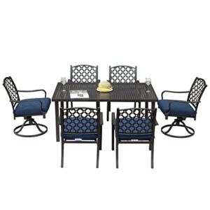 Domi Outdoor 7 pcs Patio Dining Set, Metal Dining Table, Swivel and Dining Chairs Conversation Set with Removable Navy Blue Cushions for Garden Lawn Yard