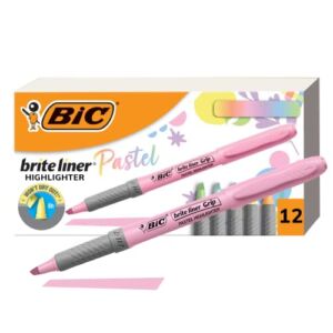 BIC Brite Liner Grip Pastel Highlighter Set, Chisel Tip, 12-Count Pack of Pastel Highlighters in Assorted Colors, Cute Highlighters for Bullet Journal Exercises, Note Taking and More