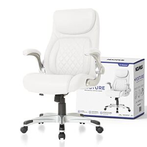 NOUHAUS +Posture Ergonomic PU Leather Office Chair. Click5 Lumbar Support with FlipAdjust Armrests. Modern Executive Chair and Computer Desk Chair (White)