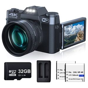 4K Digital Camera for Photography and Video VJIANGER 48MP Vlogging Camera with Flip Screen, WiFi, 16X Digital Zoom, 52mm Wide Angle & Macro Lenses, 2 Batteries, 32GB TF Card(YL29-Black)