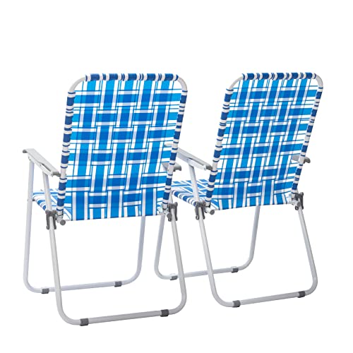 The Storepaperoomates Retail Market Set of 2 Folding Patio Lawn Chairs, Webbed Folding Chair Outdoor Beach Chair High Back Seat Portable Camping Chair for Yard, Garden (Blue White) - Fast Affordable Shopping