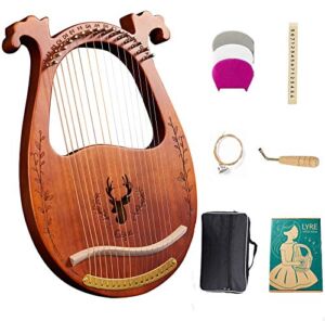 Lyre Harp, 16-String Harp Solid Wood Mahogany Lyre Harp with Tuning Wrench, Pick,Strings, Black Gig Bag and Instruction Manual for Beginners Instruments Lovers (coffee color)