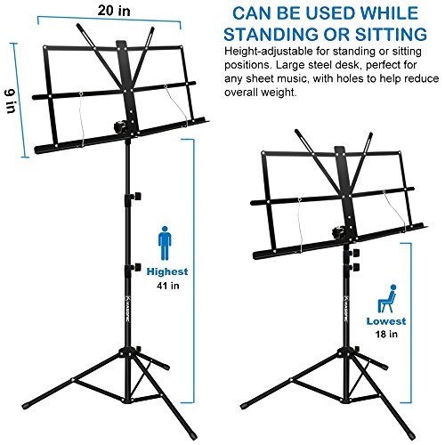 Music Stand, Kasonic 2 in 1 Dual-Use Folding Sheet Music Stand & Desktop Book Stand, Portable and Lightweight with Music Sheet Clip Holder & Carrying Bag Suitable for Instrumental Performance (Black) | The Storepaperoomates Retail Market - Fast Affordable Shopping