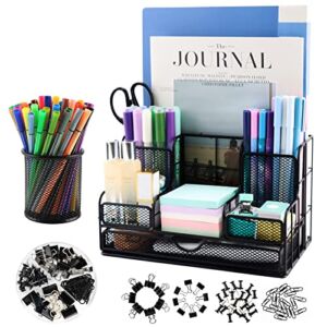 Desk Organizers and Accessories, Office Supplies Desk Organizer Caddy with 7 Compartments + Pen Holder / 72 Clips Set, Mesh Desk Organizer with Drawer, Black Desktop Organizer for Home, Office Ect