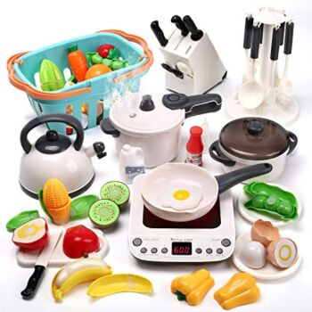 The Storepaperoomates Retail Market CUTE STONE Pretend Play Kitchen Toy with Cookware Steam Pressure Pot and Electronic Induction Cooktop, Cooking Utensils, Toy Cutlery, Cut Play Food, Shopping Basket Learning Gift for Girls Boys - Fast Affordable Shopping