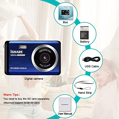 The Storepaperoomates Retail Market Digital Camera for Photography, Rechargeable 20MP Point and Shoot Camera with 2.8″ LCD 8X Digital Zoom for Kids Teens Elders（Blue） - Fast Affordable Shopping