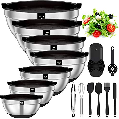 The Storepaperoomates Retail Market Mixing Bowls with Airtight Lids, 20 piece Stainless Steel Metal Nesting Bowls, AIKKIL Non-Slip Silicone Bottom, Size 7, 3.5, 2.5, 2.0,1.5, 1,0.67QT Great for Mixing, Baking, Serving (Black) - Fast Affordable Shopping
