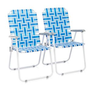 Set of 2 Folding Patio Lawn Chairs, Webbed Folding Chair Outdoor Beach Chair High Back Seat Portable Camping Chair for Yard, Garden (Blue White)