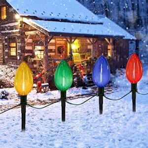C9 Outdoor Christmas Pathway Lights, Set of 4 Outdoor Lawn Christmas Lights with C9 Clear Multicolored Jumbo LED Bulbs, 7Ft Connectable Marker Stake Lights for Holiday Outside Yard Garden Decor