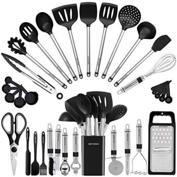 The Storepaperoomates Retail Market Kitchen Utensil Set-Silicone Cooking Utensils-33 Kitchen Gadgets & Spoons for Nonstick Cookware-Silicone and Stainless Steel Spatula Set-Best Kitchen Tools, Useful Pots and Pans Accessories - Fast Affordable Shopping