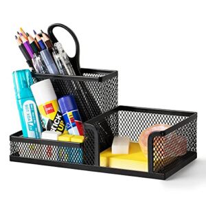 Deli Mesh Desk Organizer Office Supplies Caddy with Pencil Holder and Storage Baskets for Desktop Accessories, 3 Compartments, Black