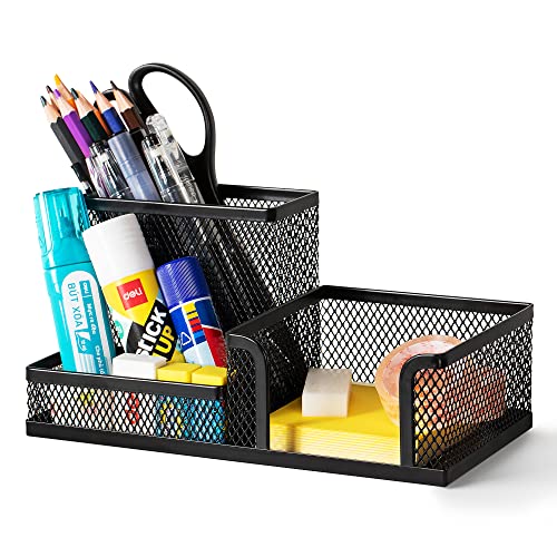 The Storepaperoomates Retail Market Deli Mesh Desk Organizer Office Supplies Caddy with Pencil Holder and Storage Baskets for Desktop Accessories, 3 Compartments, Black - Fast Affordable Shopping