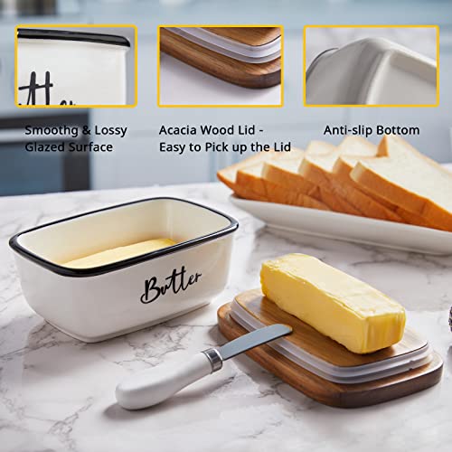The Storepaperoomates Retail Market Farmhouse Butter Dish with Lid and Knife for Countertop, Airtight Butter Keeper for Counter or Fridge, Ceramic Butter Container with Thick Acacia Wood Lid, for Kitchen Decor and Accessories, White - Fast Affordable Shopping