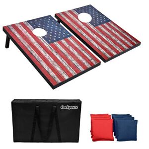 GoSports American Flag Cornhole Set with Wood Plank Design – Includes Two 3′ x 2′ Boards, 8 Bean Bags, Carrying Case and Game Rules