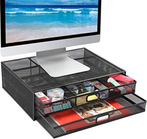Monitor Stand, Monitor Stand with Drawer, Monitor Riser Mesh Metal, Desk Organizer, Monitor Stand with Storage, Desktop Computer Stand for PC, Laptop, Printer – HUANUO