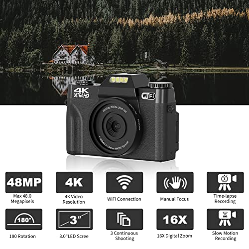 The Storepaperoomates Retail Market Digital Cameras for Photography, 4K 48MP Vlogging Camera for YouTube with WiFi, Manual Focus, 16X Digital Zoom, 52mm Wide Angle Lens & Macro Lens, 32GB TF Card and 2 Batteries - Fast Affordable Shopping