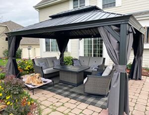 PURPLE LEAF 10′ X 14′ Permanent Hardtop Gazebo Aluminum Gazebo with Galvanized Steel Double Roof for Patio Lawn and Garden, Curtains and Netting Included, Grey