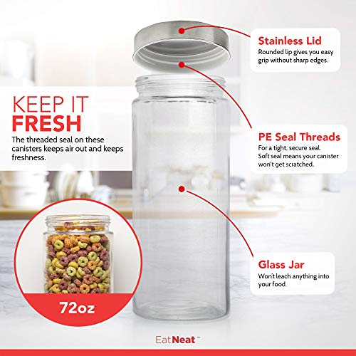 The Storepaperoomates Retail Market EatNeat 4-Piece Beautiful Glass Kitchen Canisters with Stainless Steel Lids – Food Storage Containers that Offer Modern Style and Clean Kitchen Organization – 72, 55, 38, and 27 Ounce Sizes - Fast Affordable Shopping
