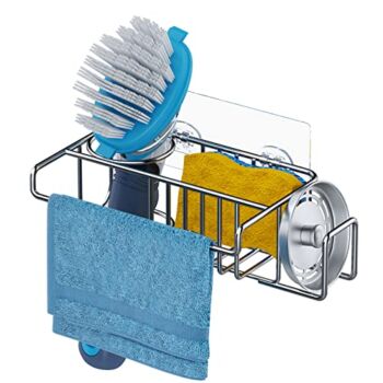 The Storepaperoomates Retail Market HapiRm 4 in 1 Adhesive Sink Caddy Sponge Holder, SUS304 Stainless Steel Sink Basket Brush Holder + Dish Cloth Hanger + Soap Rack + Sink Stopper Holder with 2 Installation Ways – Silver - Fast Affordable Shopping