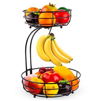 The Storepaperoomates Retail Market Auledio 2-Tier Countertop Fruit Vegetables Basket Bowl Storage With Banana Hanger, Black - Fast Affordable Shopping