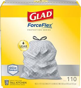 GLAD Protection Series Force Flex Drawstring Odor Shield, Gray, 13 Gallon, 110 Count