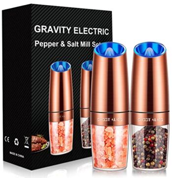 The Storepaperoomates Retail Market Gravity Electric Pepper and Salt Grinder Set, Adjustable Coarseness, Battery Powered with LED Light, One Hand Automatic Operation, Stainless Steel Copper, 2 Pack - Fast Affordable Shopping