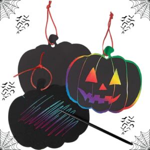 Neliblu Halloween Scratch Art Trick or Treak Paper Crafts Kit Bulk Pack of Halloween Pumpkins with Magic Rainbow Colors – 24 Pumpkin Ornaments, 24 Scratch Sticks, 24 Ribbons