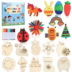 DIY Wooden Magnets, 36 Wooden Art Craft for Kids, Art and Craft Supplies Party Birthday Gift Favors for Boys Girls Ages 4-8 8-12 , Easter Crafts