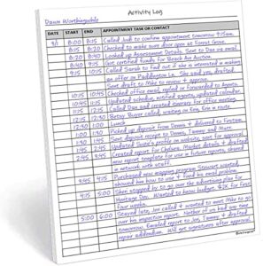 Activity Log Notepad, 50 Pages Activity Log to Title, Date, Time and Detail the Task, Appointment or Contact. A Versitile Work Log for Productive People. 11 X 8.5 Inch A4 Tear Sheets. Made in the USA.