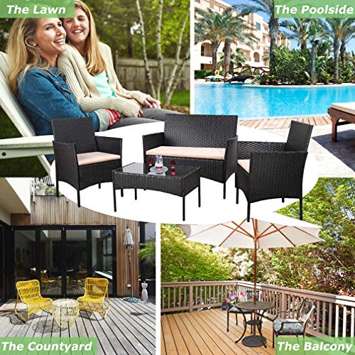 The Storepaperoomates Retail Market Outdoor Patio Furniture Sets 4 Pieces Patio Set Rattan Chair Wicker Sofa Conversation Set Patio Chair Wicker Set with Table Backyard Lawn Porch Garden Poolside Balcony Furniture (Black) - Fast Affordable Shopping
